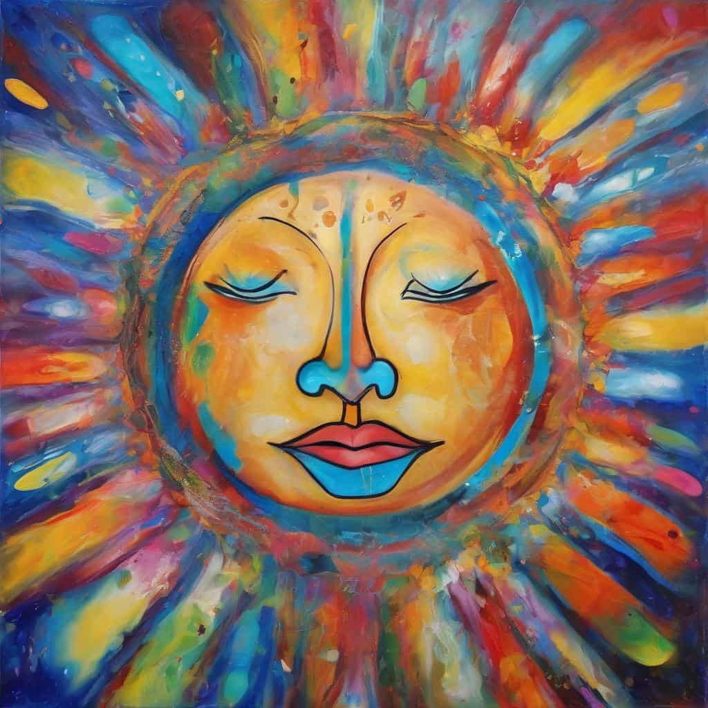 Χαρούμενος ήλιος ζωγραφική με φωτεινά χρώματα και χαλαρωτικό πρόσωπο.