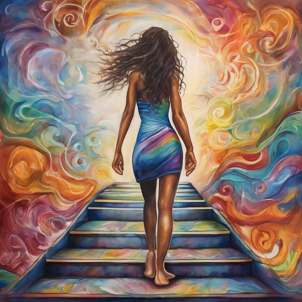 Απαστράπτουσα γυναίκα με πολύχρωμη τέχνη περιπέτειας, σύμβολο προσωπικής ανάπτυξης και μικρών βημάτων.